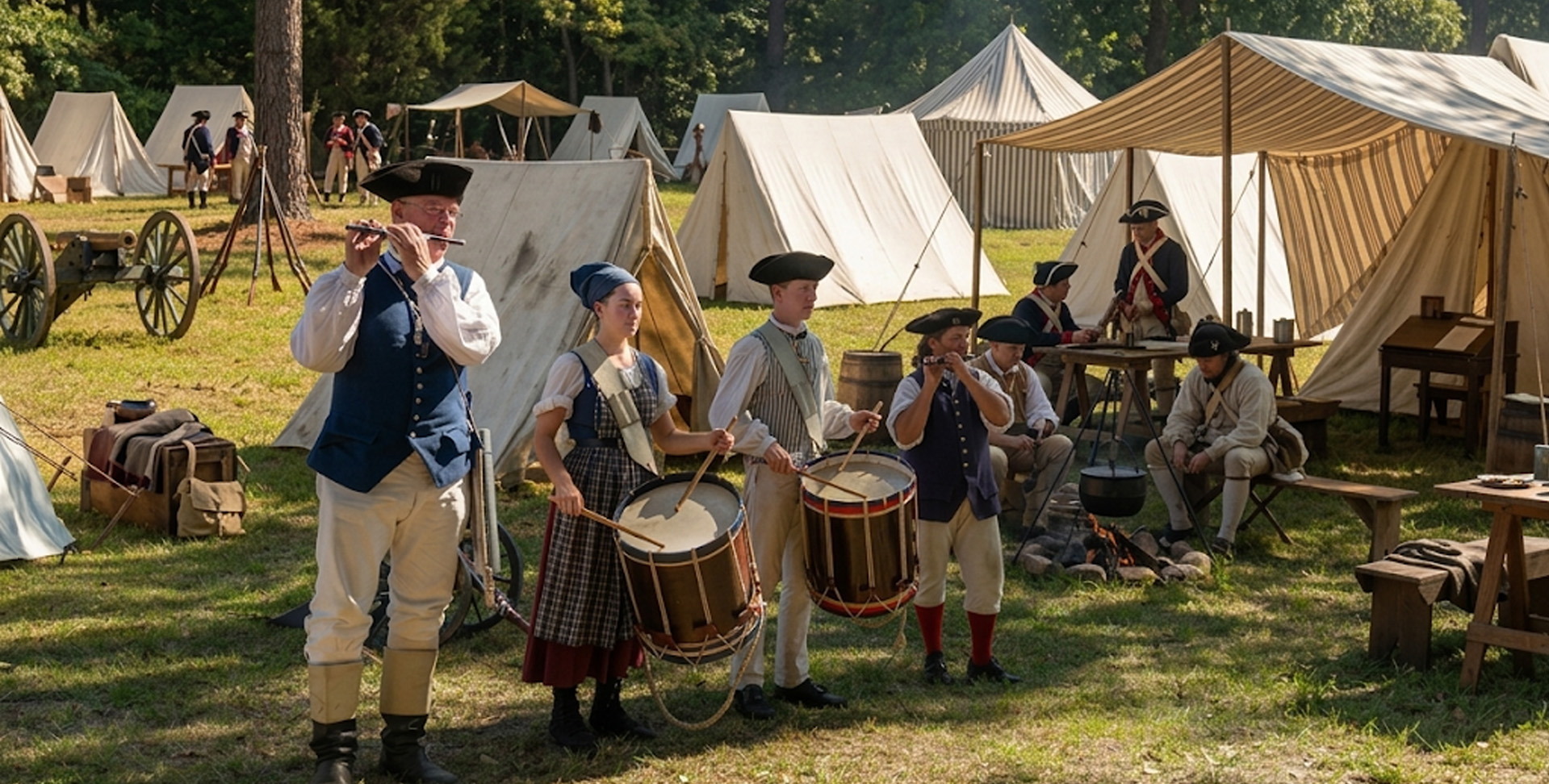 Historical reenactors in Revolutionary War period costumes performing at Camp Flintlock encampment in Johnston County, NC