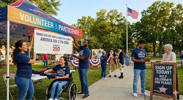 Volunteers and participants at the America 250 Johnston County event booth