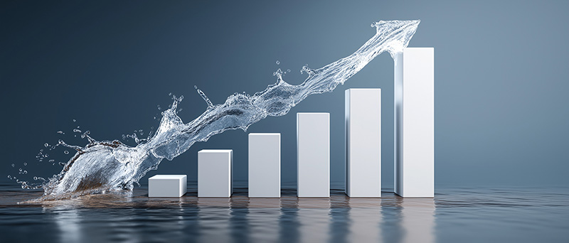 Image showing water making an upwards pointing arrow over bar chart